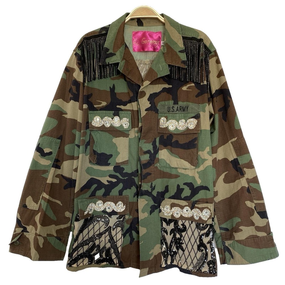 Upcycled Whimsigoth Barn Chore Embellished Camo Jacket Women M Green Sequin Lace